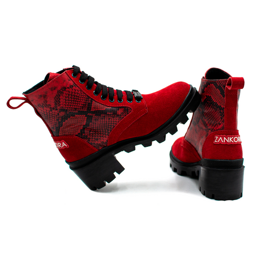 BOTÍN EN PIEL DE RES GAMUZA ROJA CON SINTÉTICO DE PITÓN ESCAMA CHICA - JHW872UI