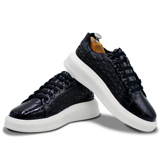 TENIS SNEAKER NEGRO CON PIELES GRABADAS DE COCODRILO Y PITÓN - TND123