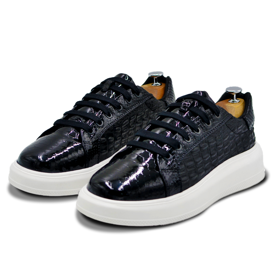 TENIS SNEAKER NEGRO CON PIELES GRABADAS DE COCODRILO Y PITÓN - TND123