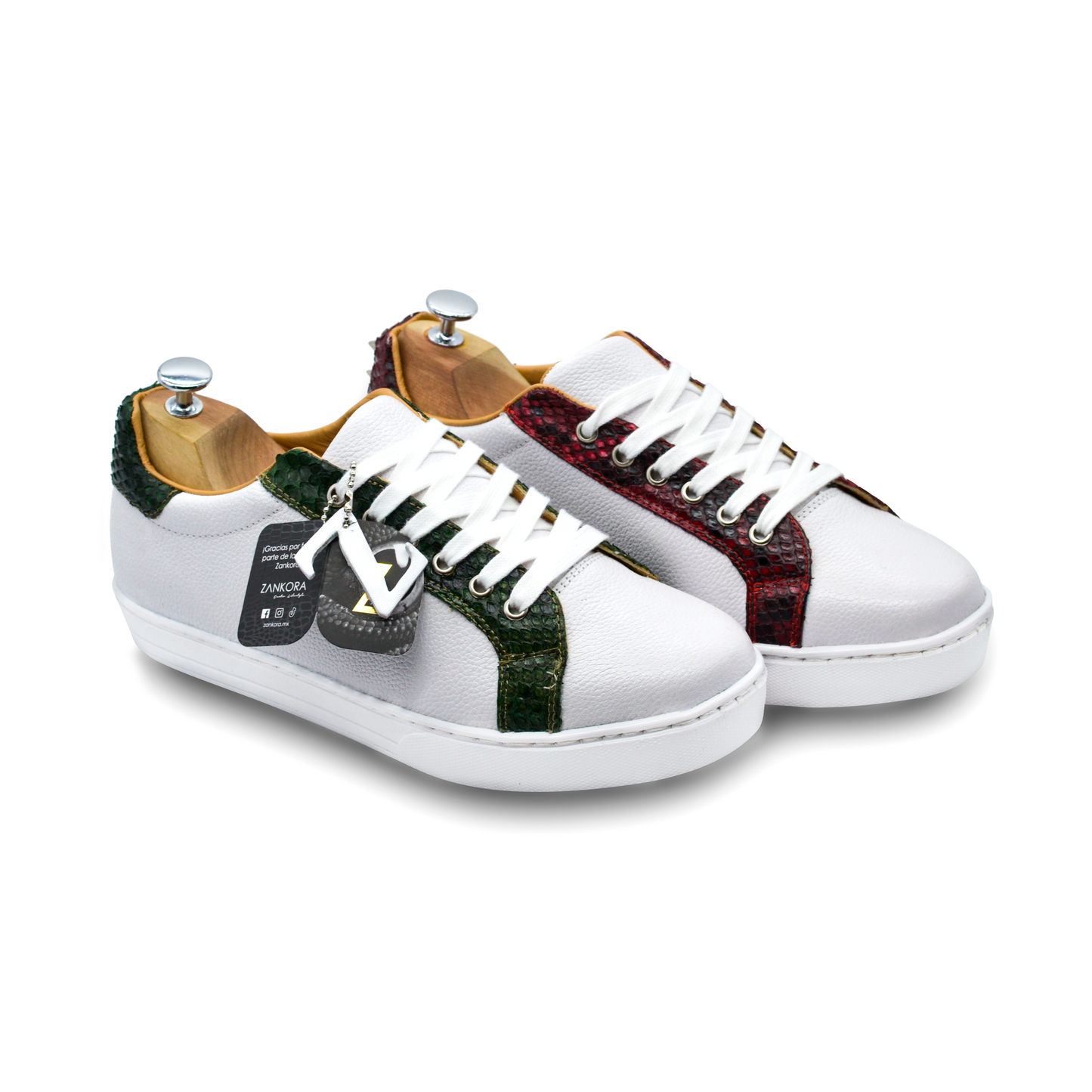 TENIS SNEAKERS BLANCOS DE PIEL DE BECERRO BLANCO CON SERPIENTE PITON BITONO CON ESTOPEROLES - GHU475A