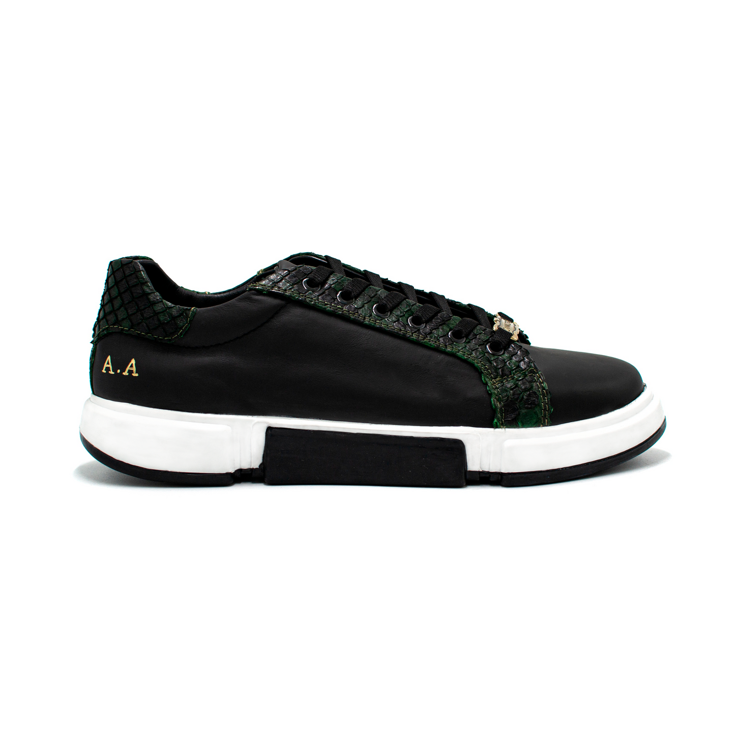 TENIS SNEAKERS EN PIEL GENUINA DE BECERRO ITALIANO CON PITÓN VERDE - WOI812K