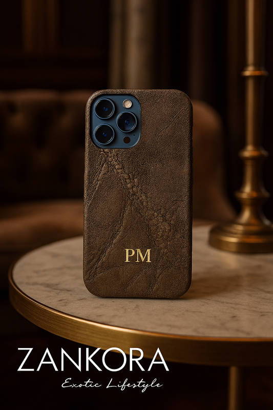 FUNDA CAFÉ EN PIEL EXÓTICA DE ELEFANTE