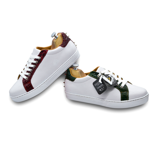 TENIS SNEAKERS BLANCOS DE PIEL DE BECERRO BLANCO CON SERPIENTE PITON BITONO CON ESTOPEROLES - GHU475A