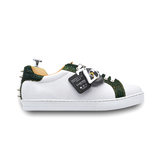 TENIS SNEAKERS BLANCOS DE PIEL DE BECERRO BLANCO CON SERPIENTE PITON BITONO CON ESTOPEROLES - GHU475A