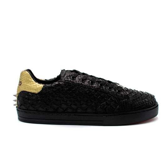 TENIS SNEAKERS COMPLETAMENTE EN PIEL GENUINA DE PITÓN NEGRO Y DORADO CON ESTOPEROLES - MKE293J