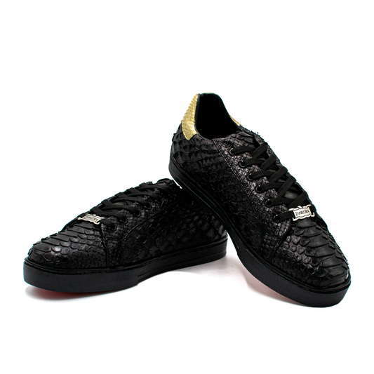 TENIS SNEAKERS COMPLETAMENTE EN PIEL GENUINA DE PITÓN NEGRO Y DORADO CON ESTOPEROLES - MKE293J