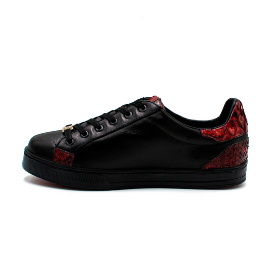 TENIS SNEAKERS EN PIEL GENUINA DE BECERRO ITALIANO CON PITÓN ROJO - LKO930I